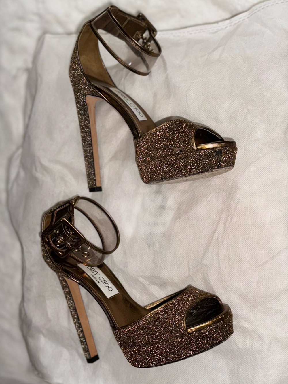Jimmy Choo Gold Glitter Platform Ankle-Strap Heels - Picture 5 of 11